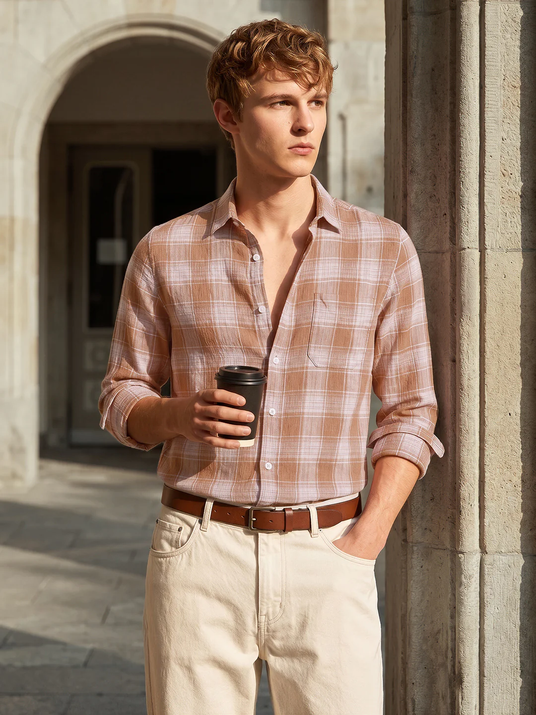 Men's Brown Slim Fit Checkered Casual Shirt