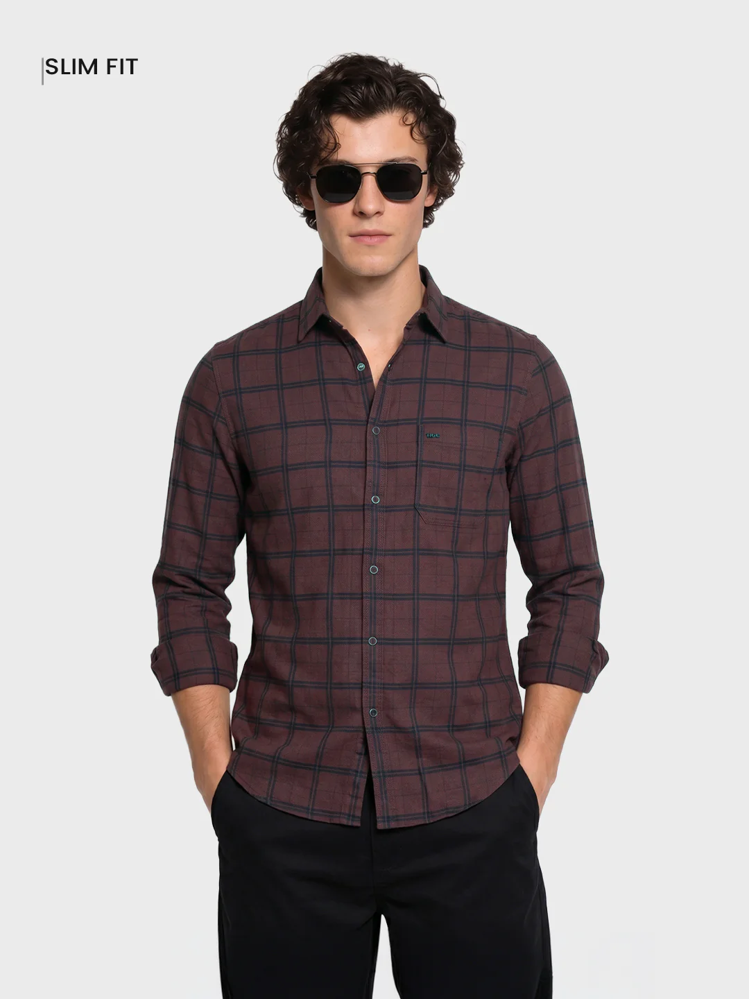 Men's Brown Slim Fit Checkered Casual Shirts - Image 2
