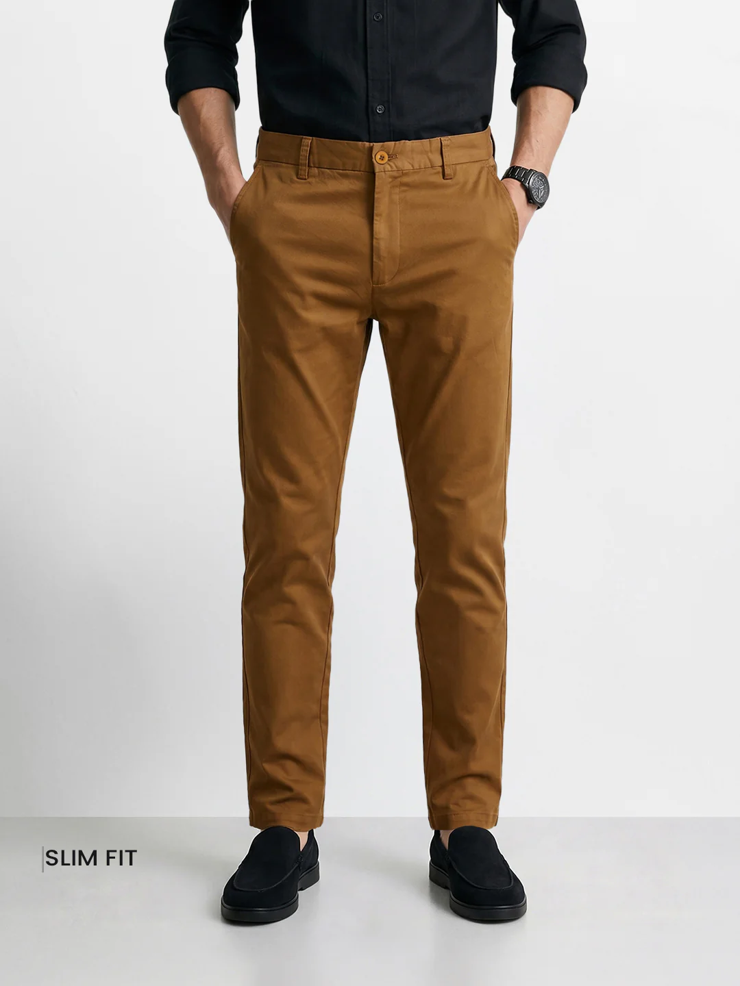 Men's Brown Slim Fit Solid Casual Chinos - Image 2