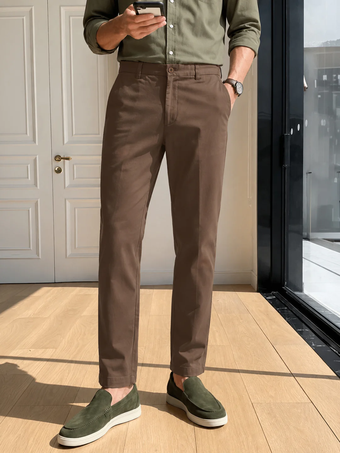 Men's Brown Slim Fit Solid Casual Chinos