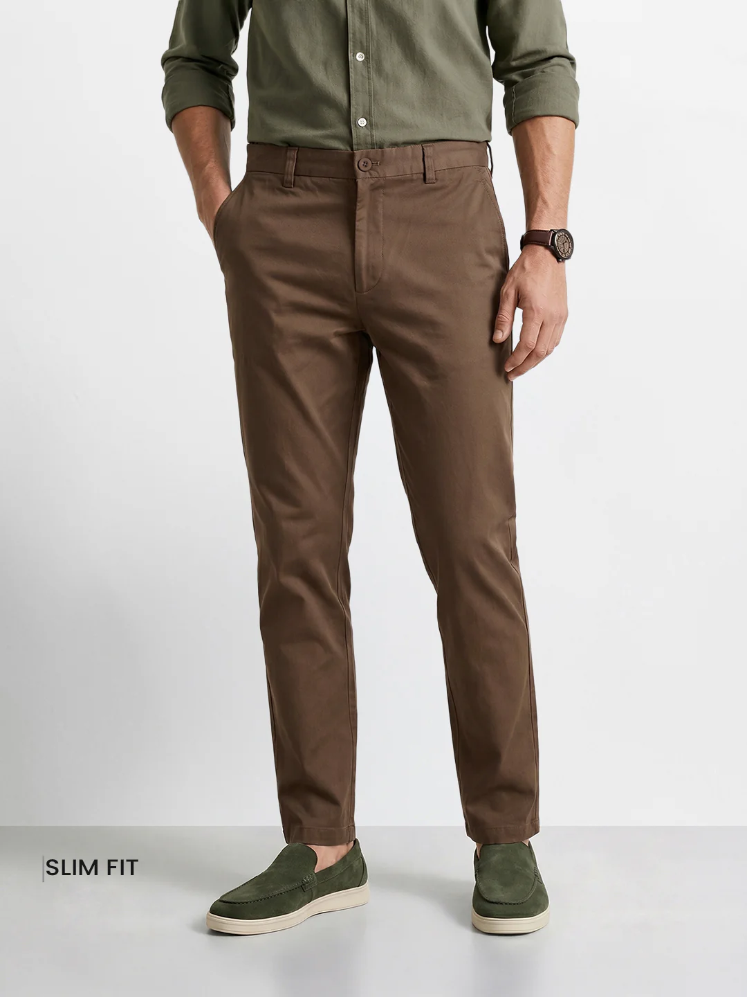 Men's Brown Slim Fit Solid Casual Chinos - Image 2