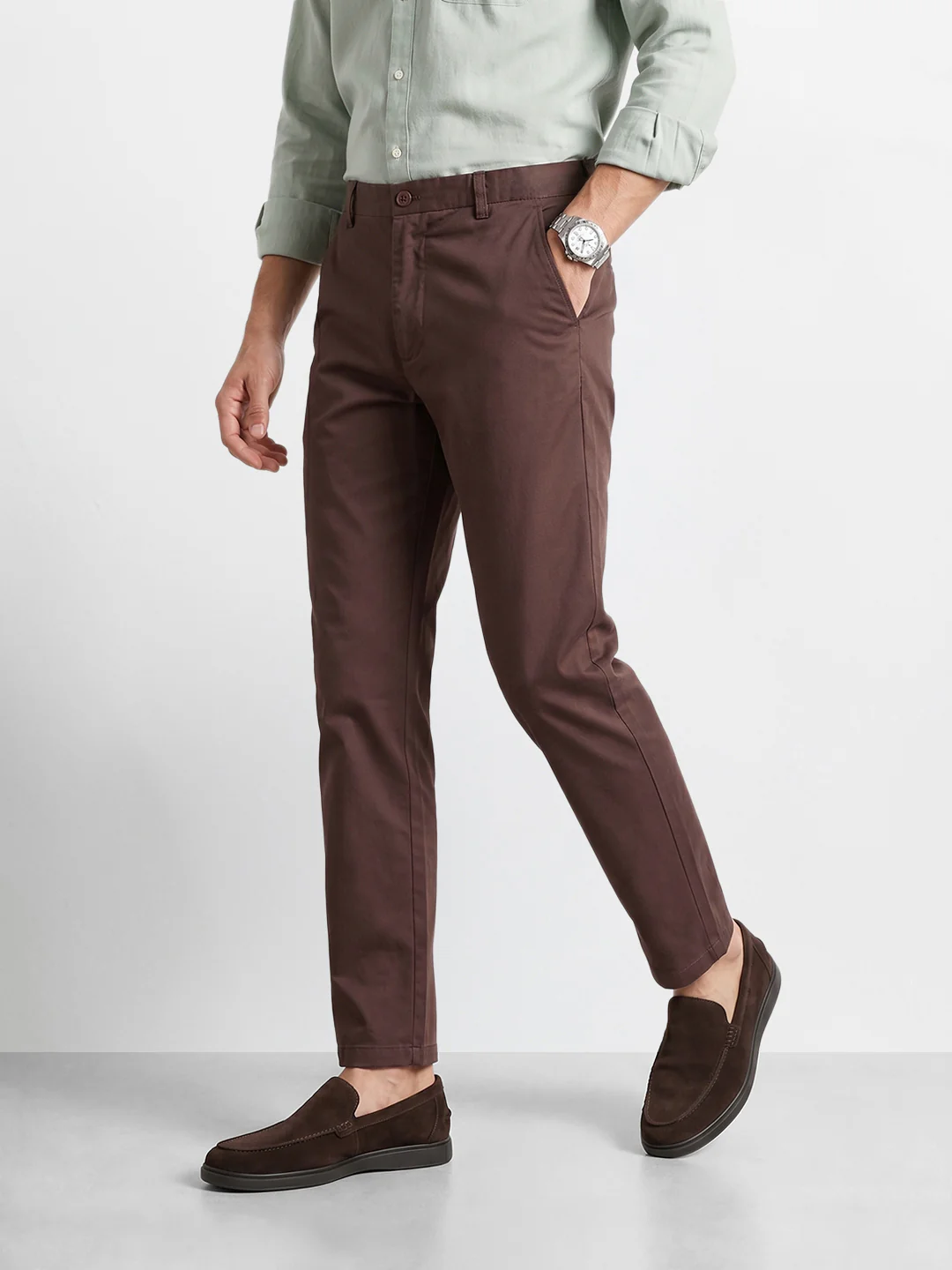 Men's Brown Slim Fit Solid Casual Chinos - Image 4