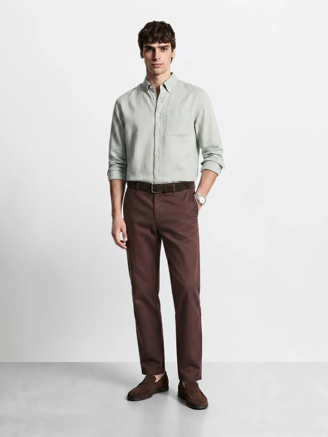 Men's Brown Slim Fit Solid Casual Chinos - Image 6