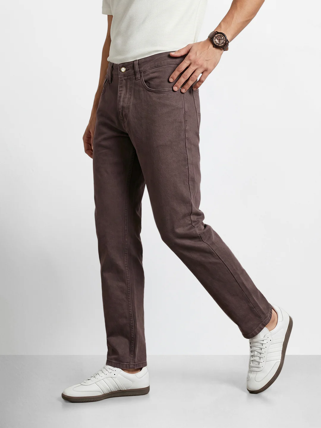 Men's Brown Slim Fit Solid Casual Jeans - Image 7