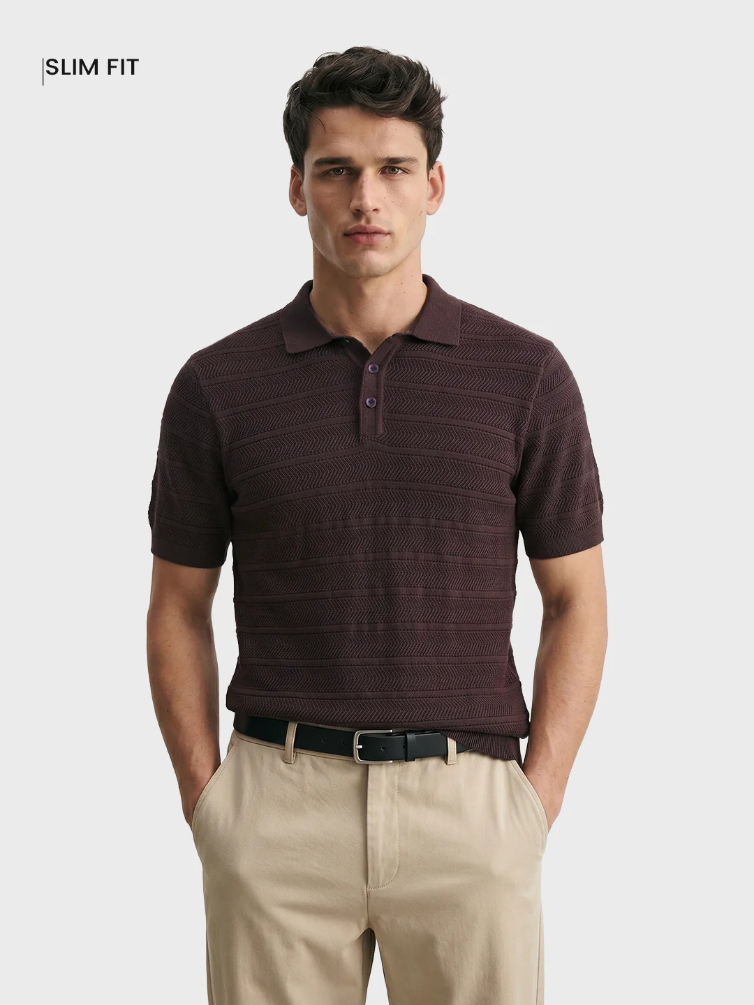 Men's Brown Slim Fit Solid Casual Polos T-Shirt - Image 2