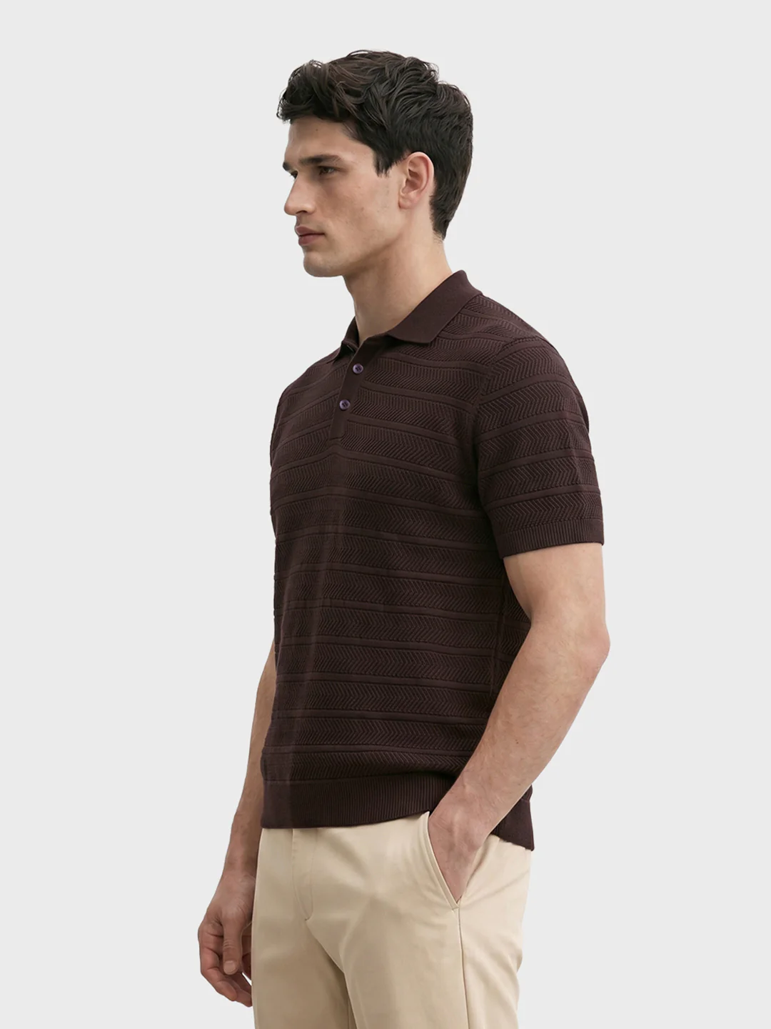 Men's Brown Slim Fit Solid Casual Polos T-Shirt - Image 4