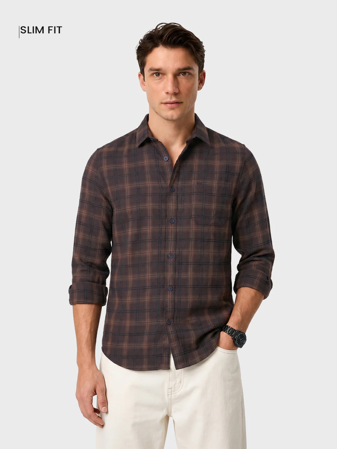Men's Brown Slim Fit Checkered Casual Shirt - Image 2
