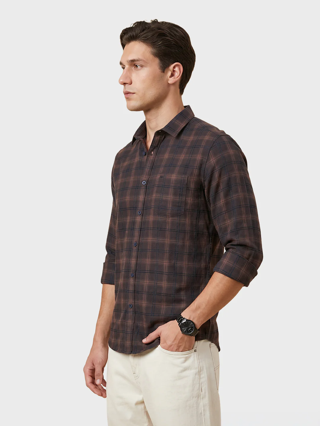 Men's Brown Slim Fit Checkered Casual Shirt - Image 4