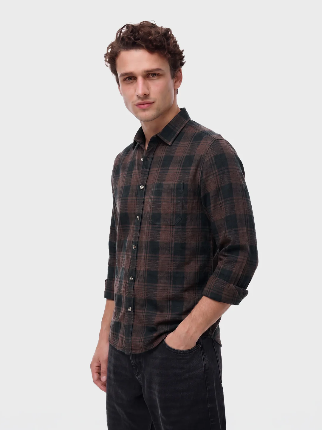 Men's Brown Slim Fit Checkered Casual Shirt - Image 4