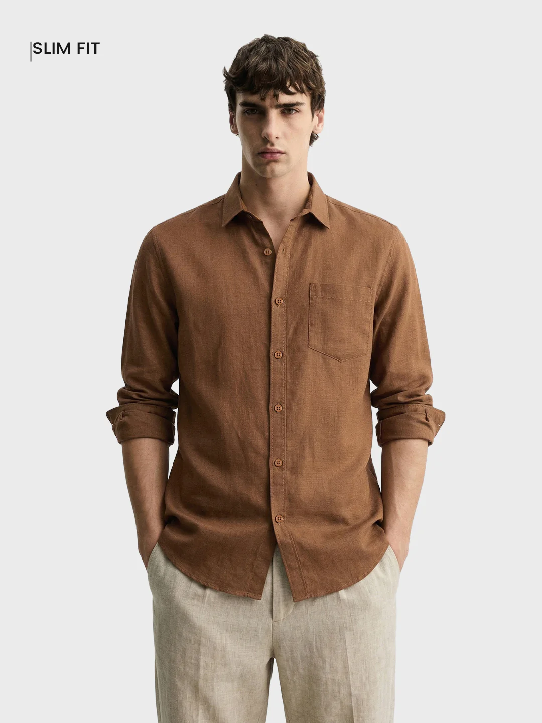 Men's Brown Slim Fit Solid Casual Shirt - Image 2