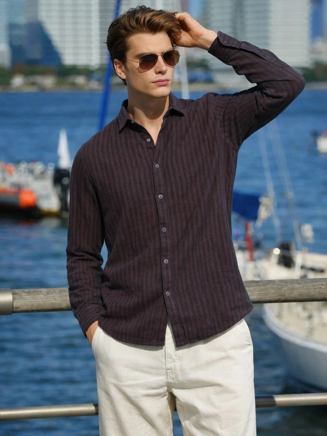 Men's Brown Slim Fit Striped Casual Shirt