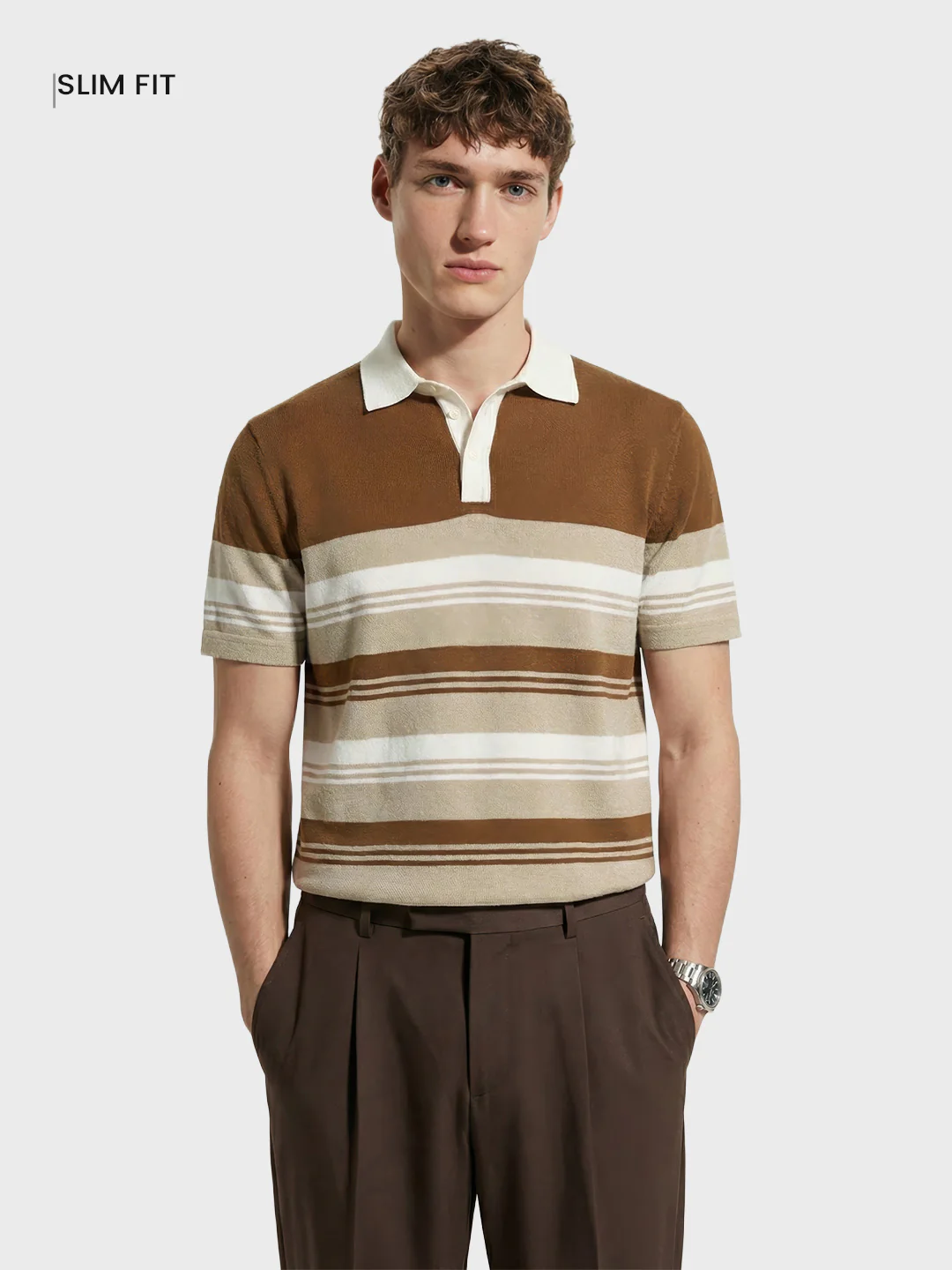 Men's Brown Slim Fit Striped Flat Knit Polo T-Shirt - Image 2