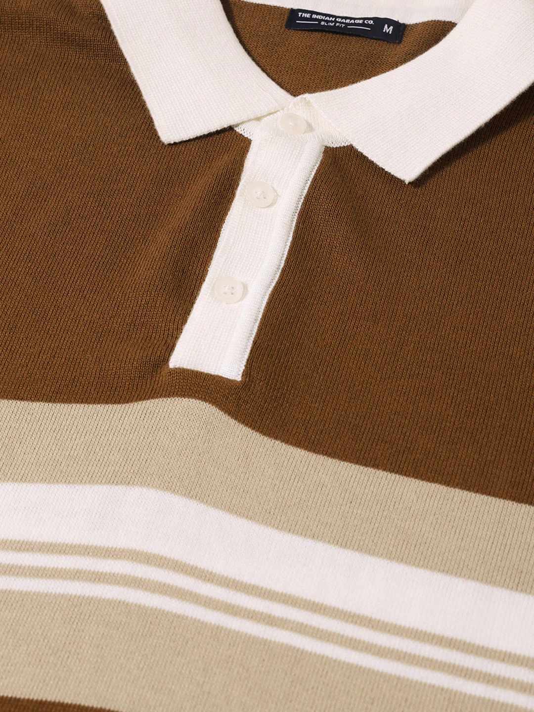 Men's Brown Slim Fit Striped Flat Knit Polo T-Shirt - Image 3