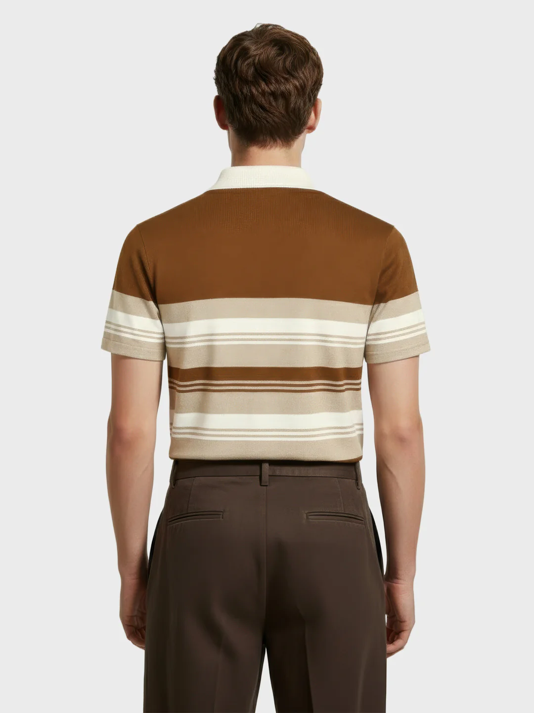 Men's Brown Slim Fit Striped Flat Knit Polo T-Shirt - Image 4