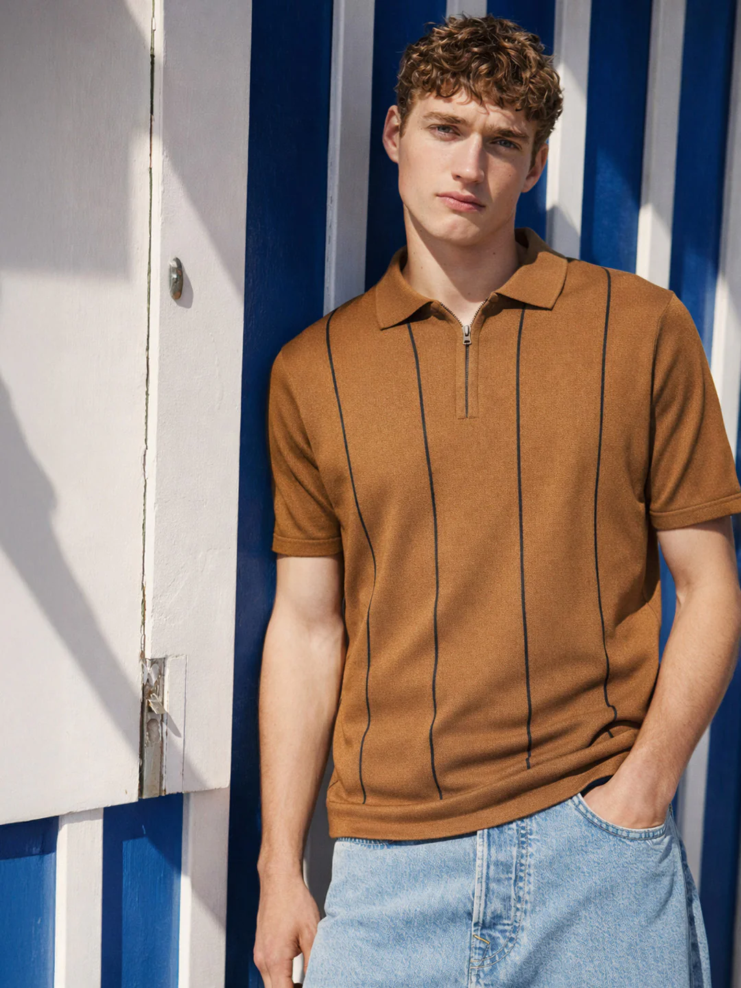 Men's Brown Slim Fit Striped Flat Knit Polo T-Shirt