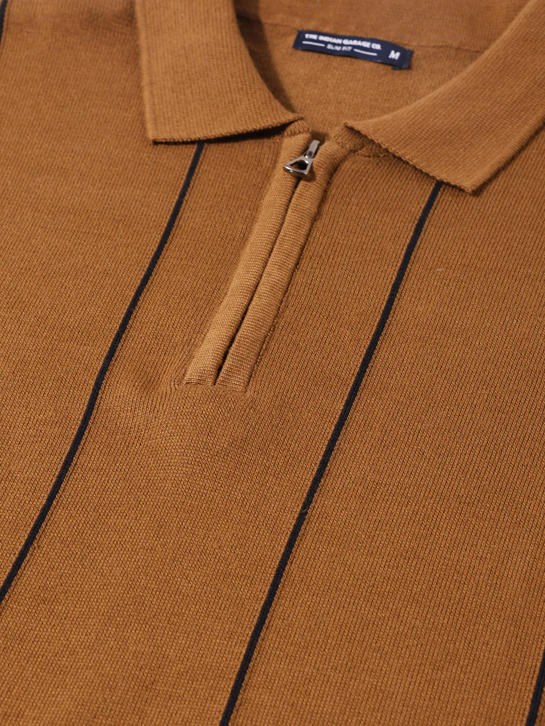 Men's Brown Slim Fit Striped Flat Knit Polo T-Shirt - Image 3