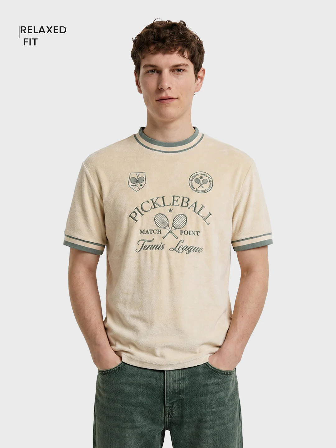 Men's Cream Boxy Fit Embroidered Casual T-Shirt - Image 2