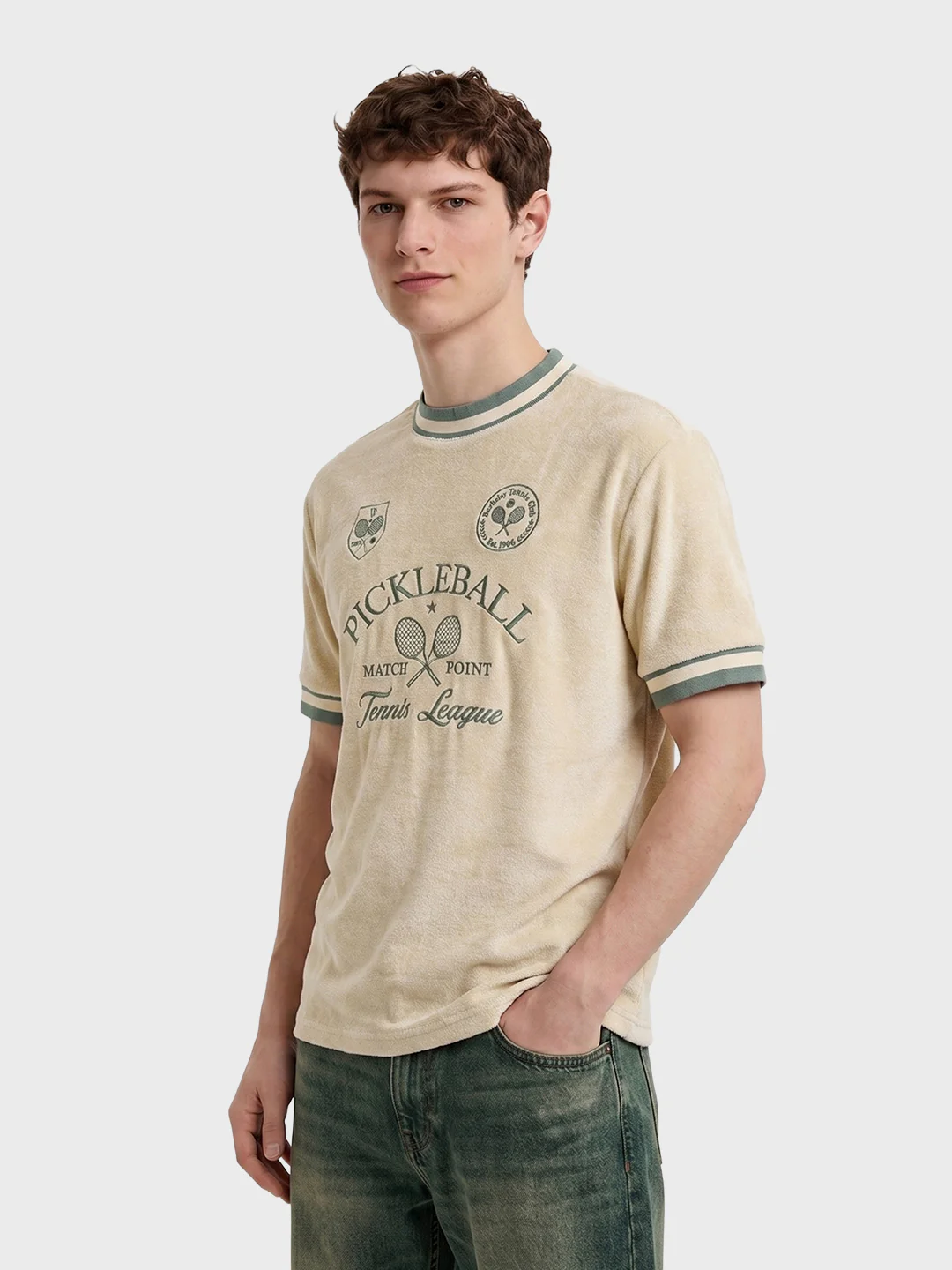 Men's Cream Boxy Fit Embroidered Casual T-Shirt - Image 4