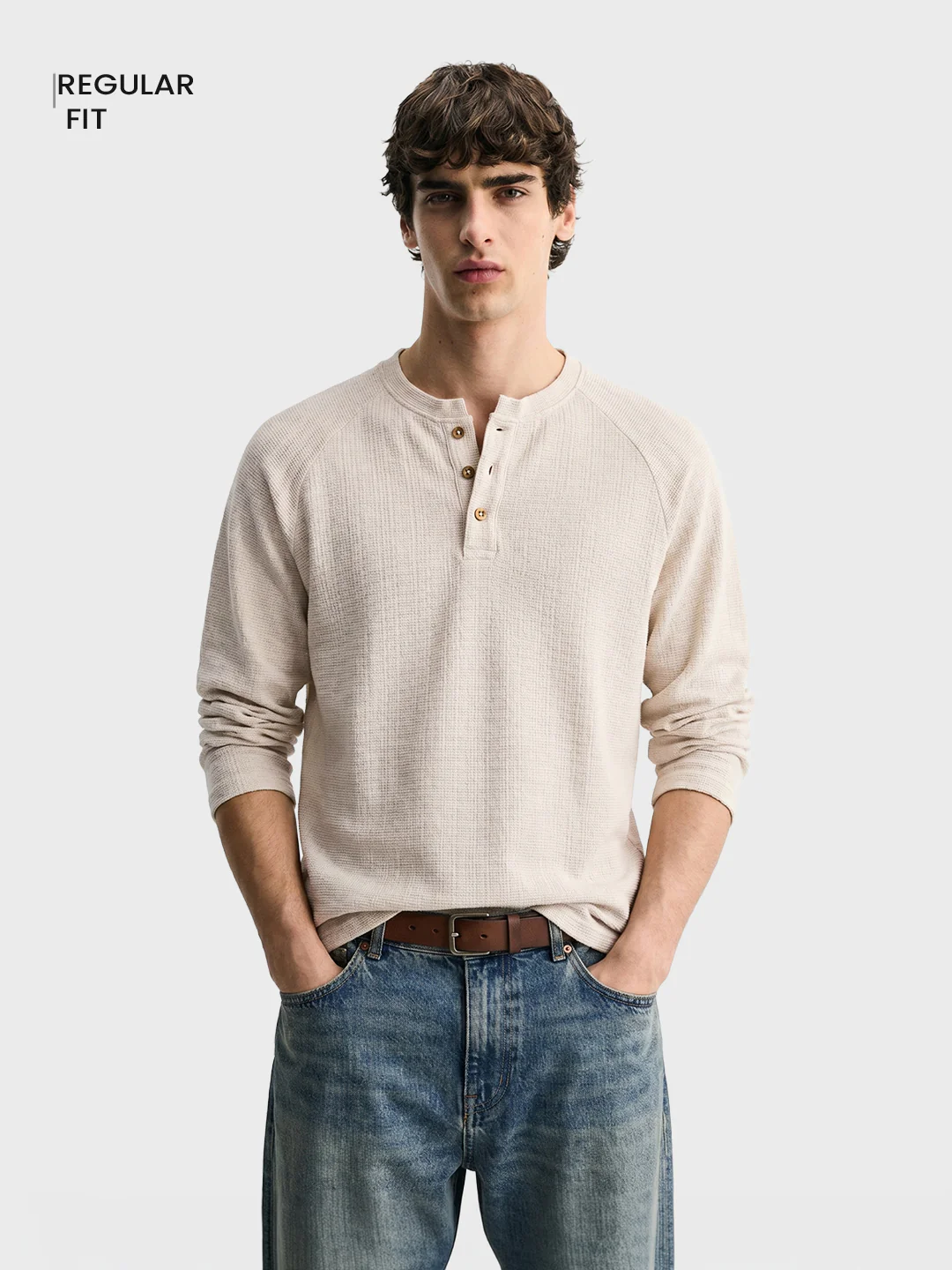 Men's Cream Regular Fit Solid Casual T-Shirt - Image 2