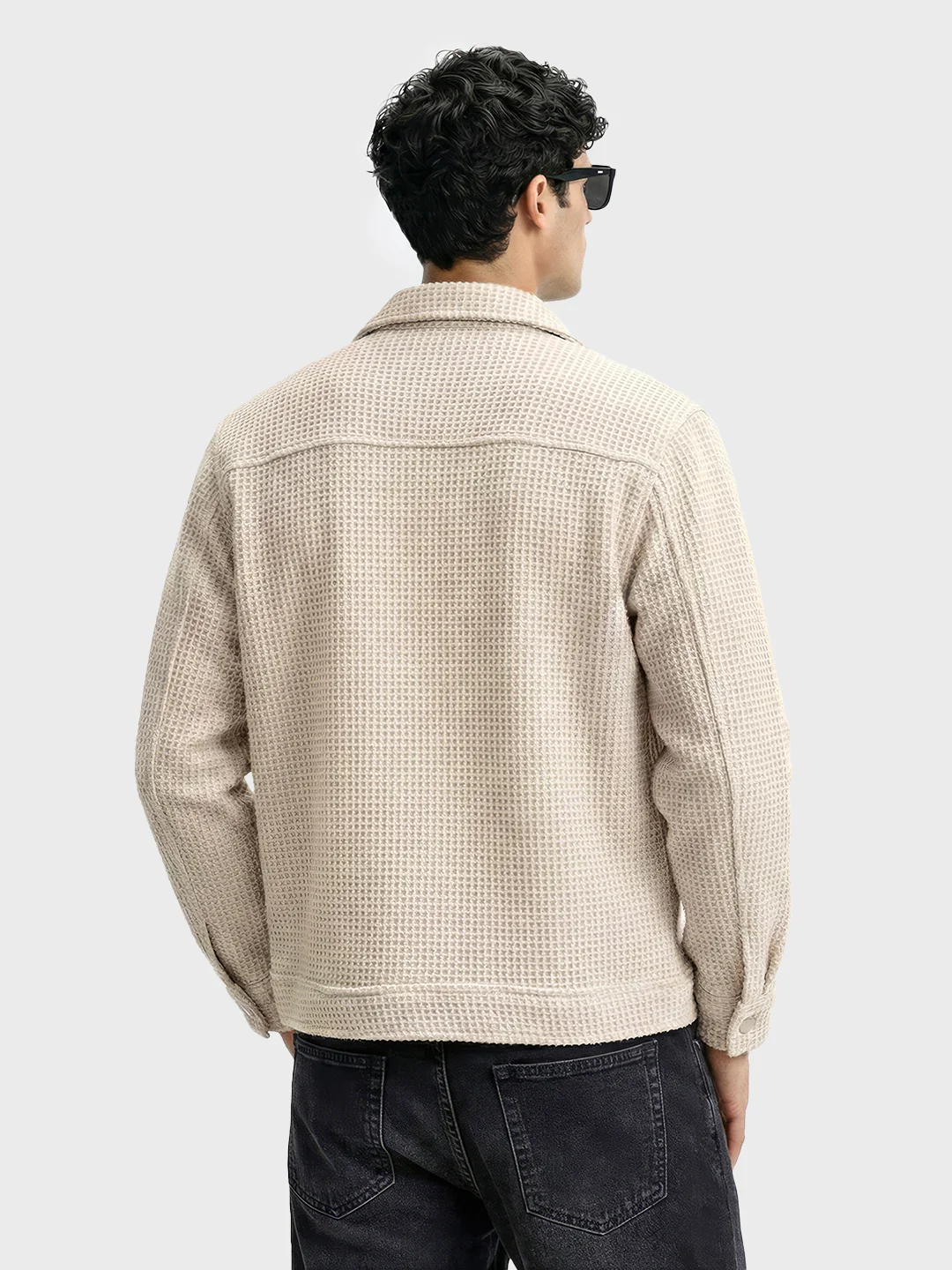 Men's Cream Regular Fit Textured Casual Biker Jacket - Image 2