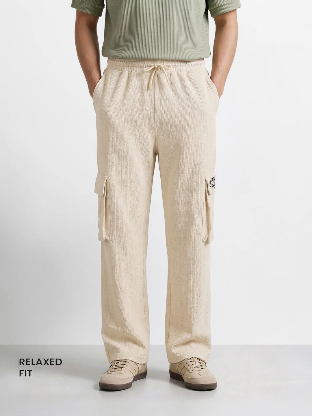Men's Cream Relaxed Fit Casual Joggers - Image 2