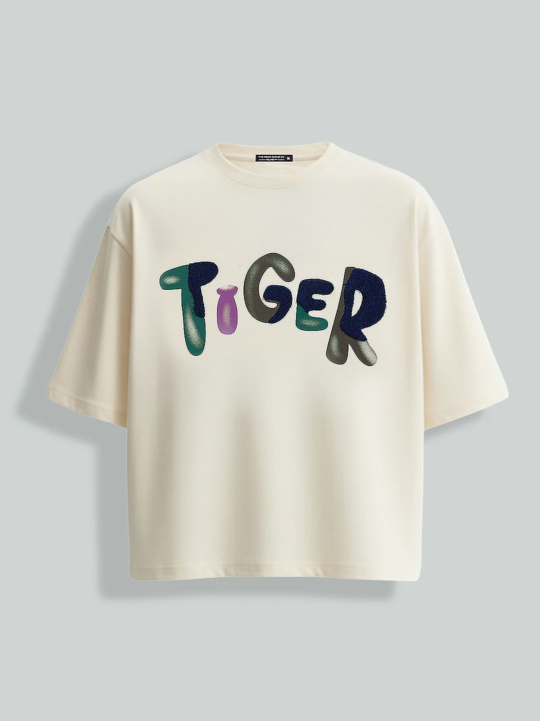 Men's Cream Relaxed Fit Embroided 240 GSM Casual T-Shirt - Image 3