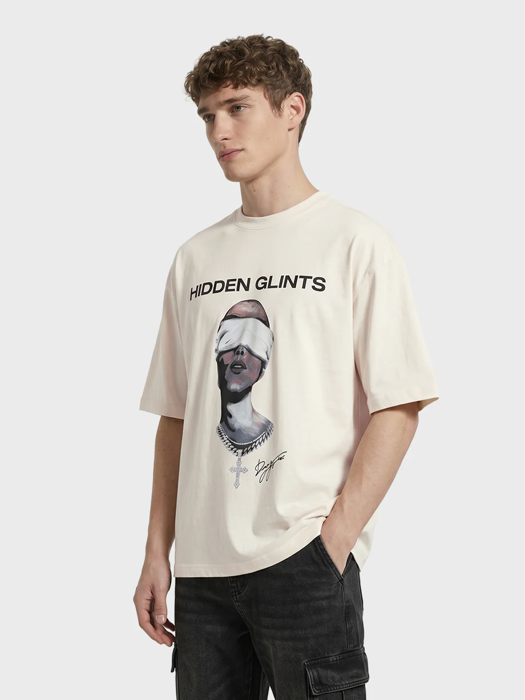 Men's Cream Relaxed Fit Graphic Printed 240 GSM Casual T-Shirt - Image 4