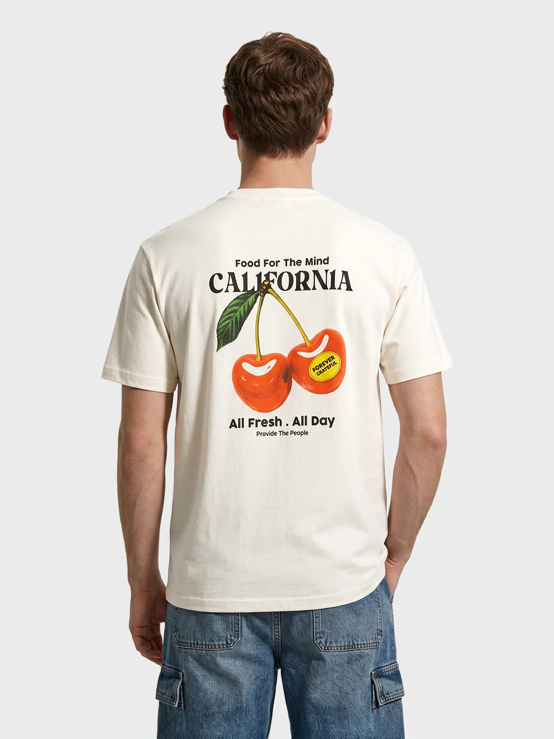 Men's Cream Relaxed Fit Graphic Printed Casual T-Shirt - Image 5