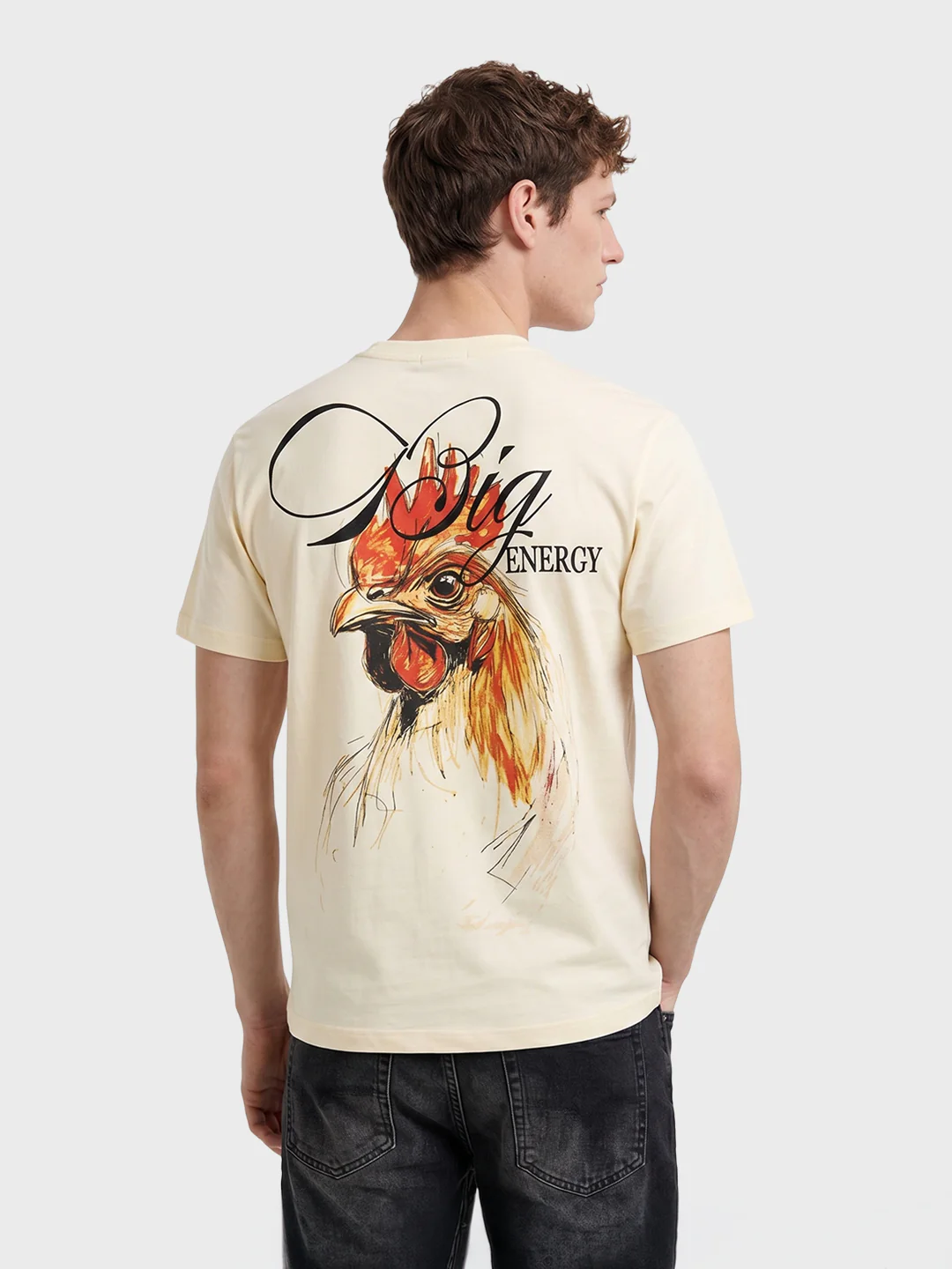 Men's Cream Relaxed Fit Graphic Printed Casual T-Shirt - Image 5