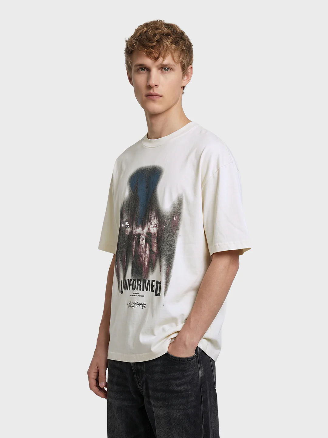 Men's Cream Relaxed Fit Graphic Printed 240 GSM Street Wear T-Shirt - Image 4