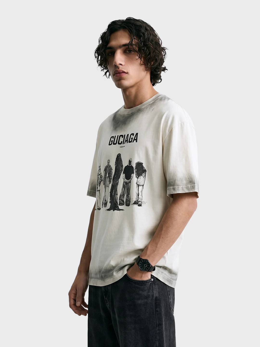 Men's Cream Relaxed Fit Graphic Printed 240 GSM Street Wear T-Shirt - Image 4