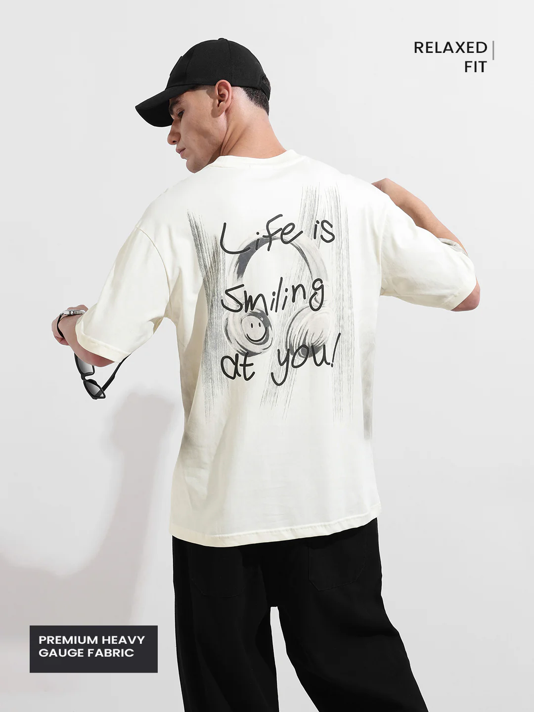Men's Cream Relaxed Fit Graphic Printed 240 GSM Street Wear T-Shirt - Image 5