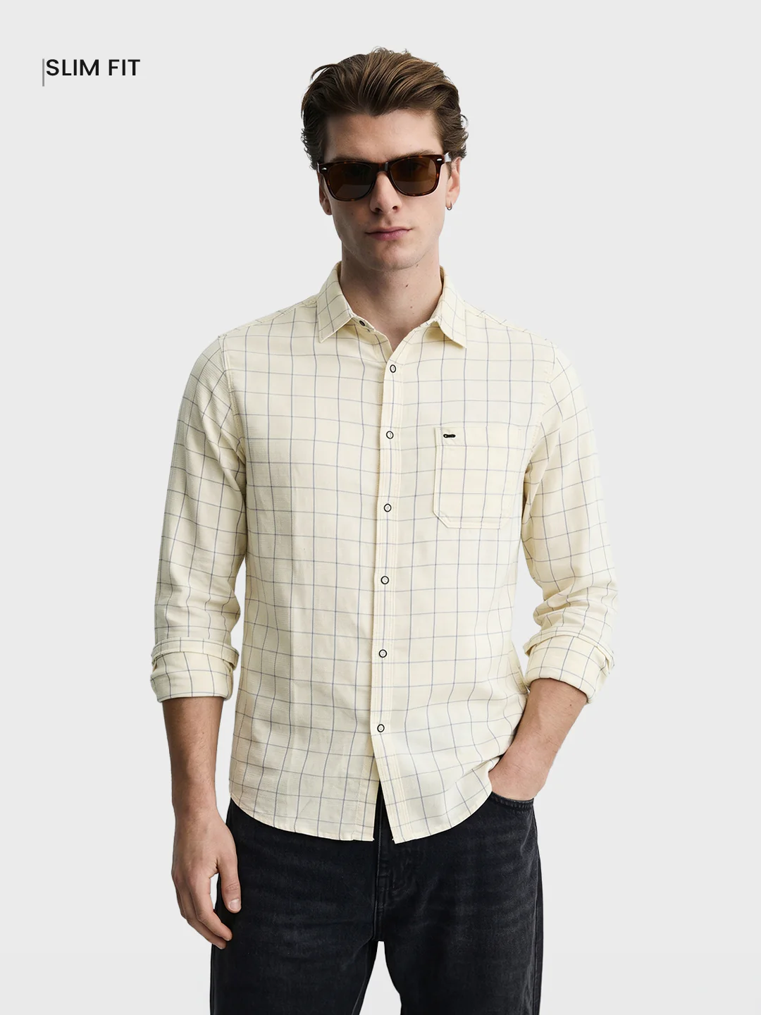 Men's Cream Slim Fit Checkered Casual Shirt - Image 2