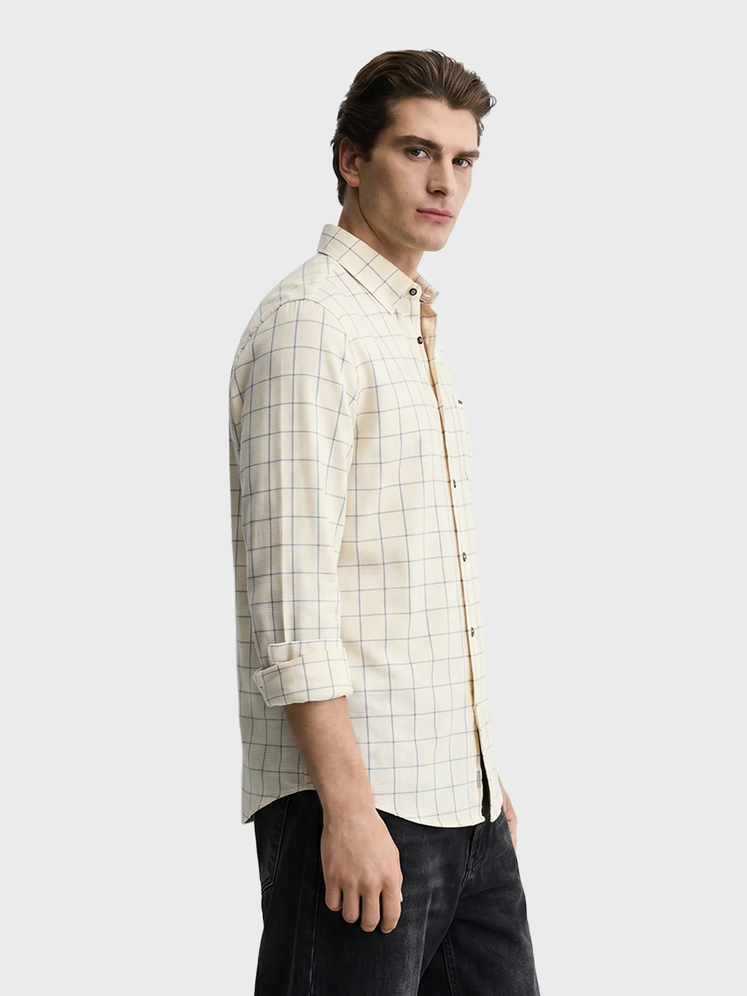 Men's Cream Slim Fit Checkered Casual Shirt - Image 4