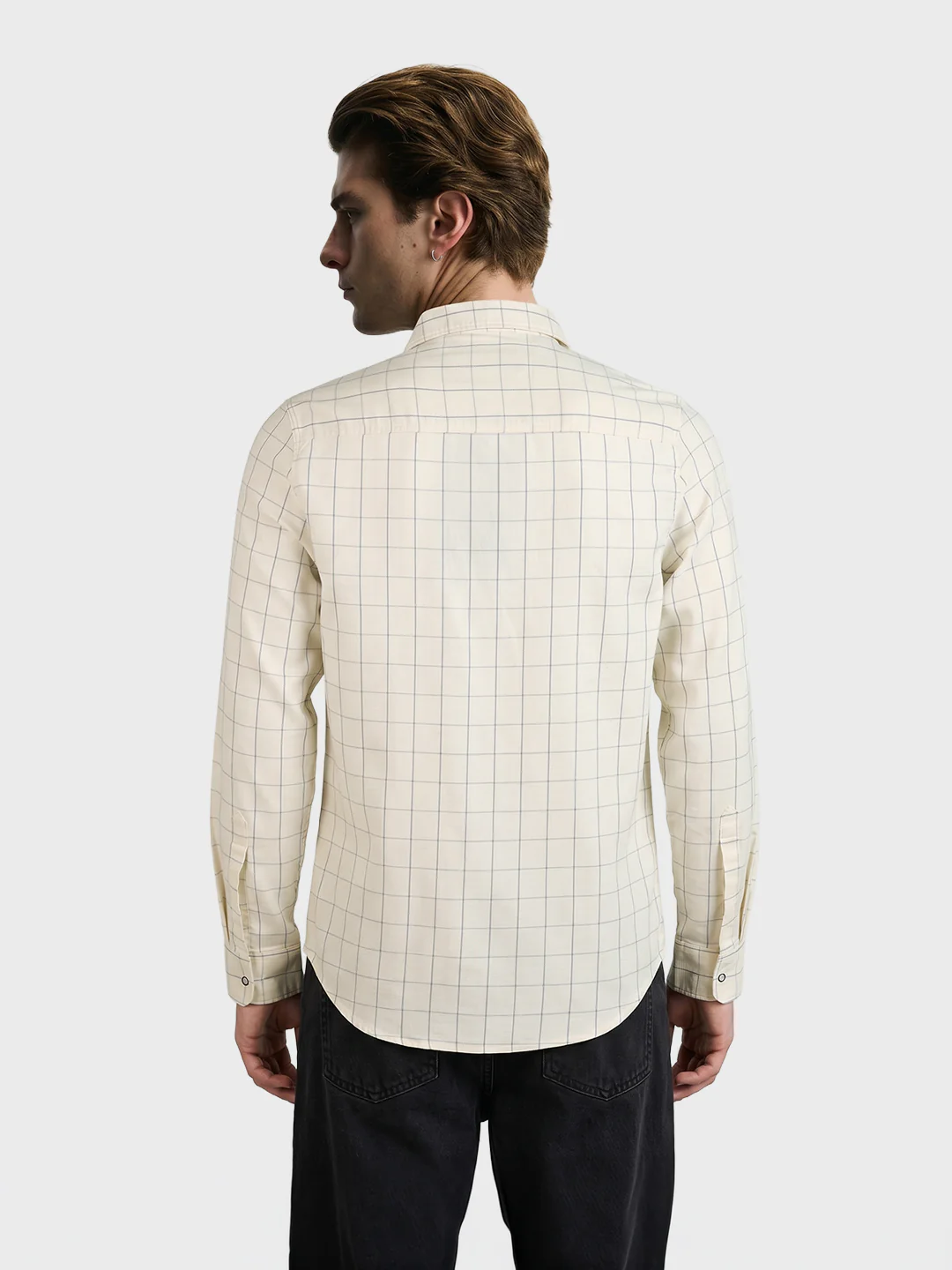 Men's Cream Slim Fit Checkered Casual Shirt - Image 5