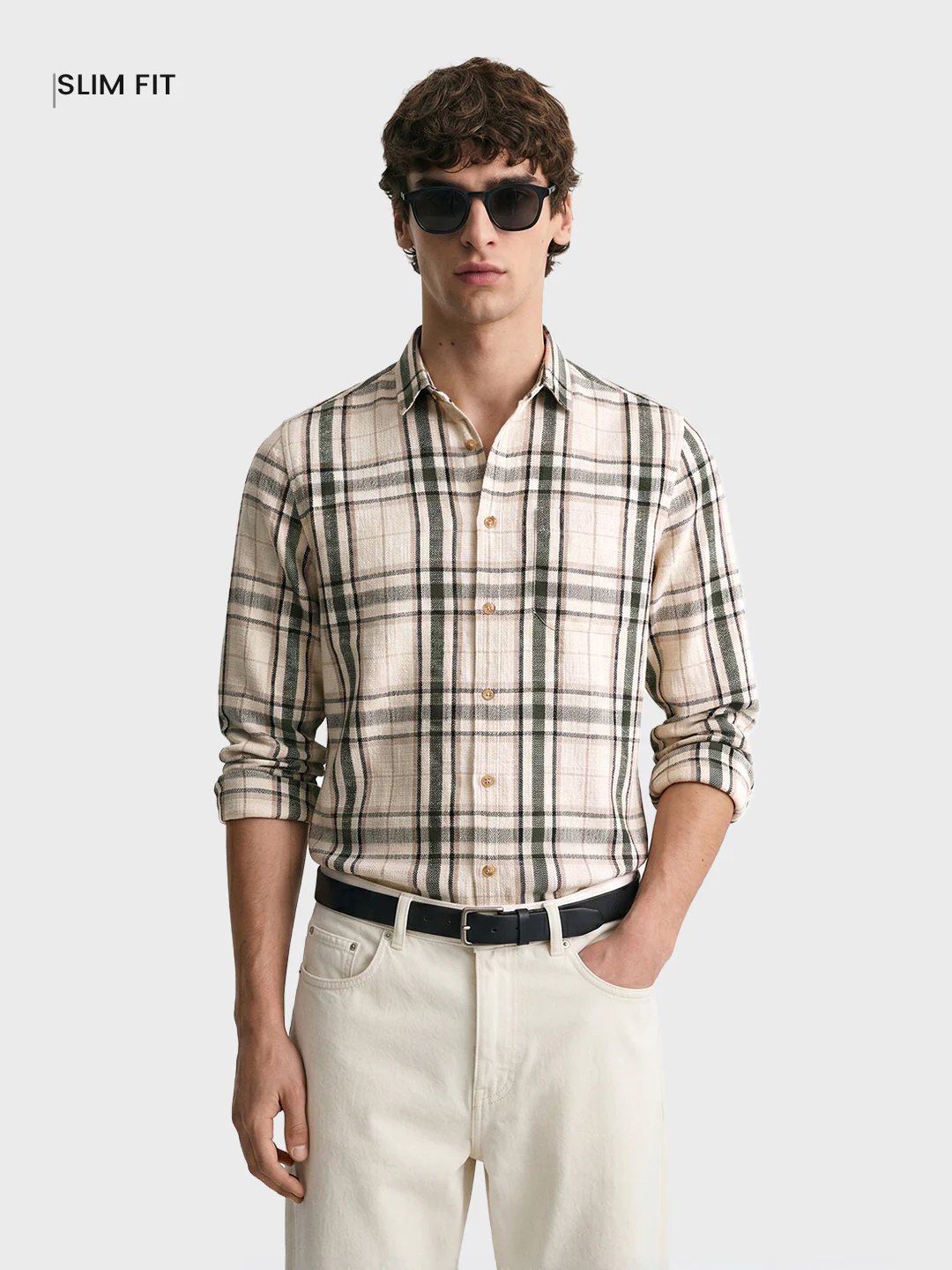 Men's Cream Slim Fit Checkered Casual Shirt - Image 2