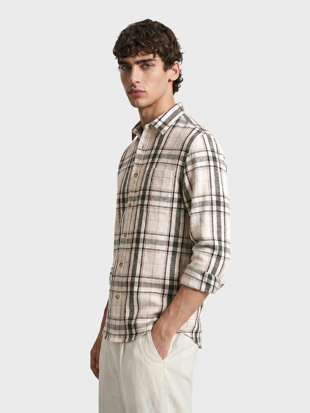 Men's Cream Slim Fit Checkered Casual Shirt - Image 4
