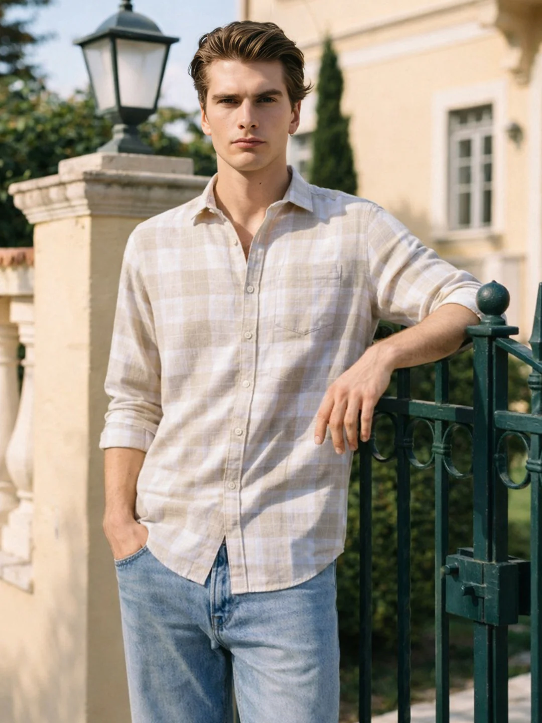 Men's Cream Slim Fit Checkered Casual Shirt