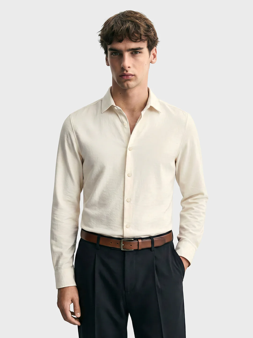 Men's Cream Slim Fit Party Wear Solid Shirt