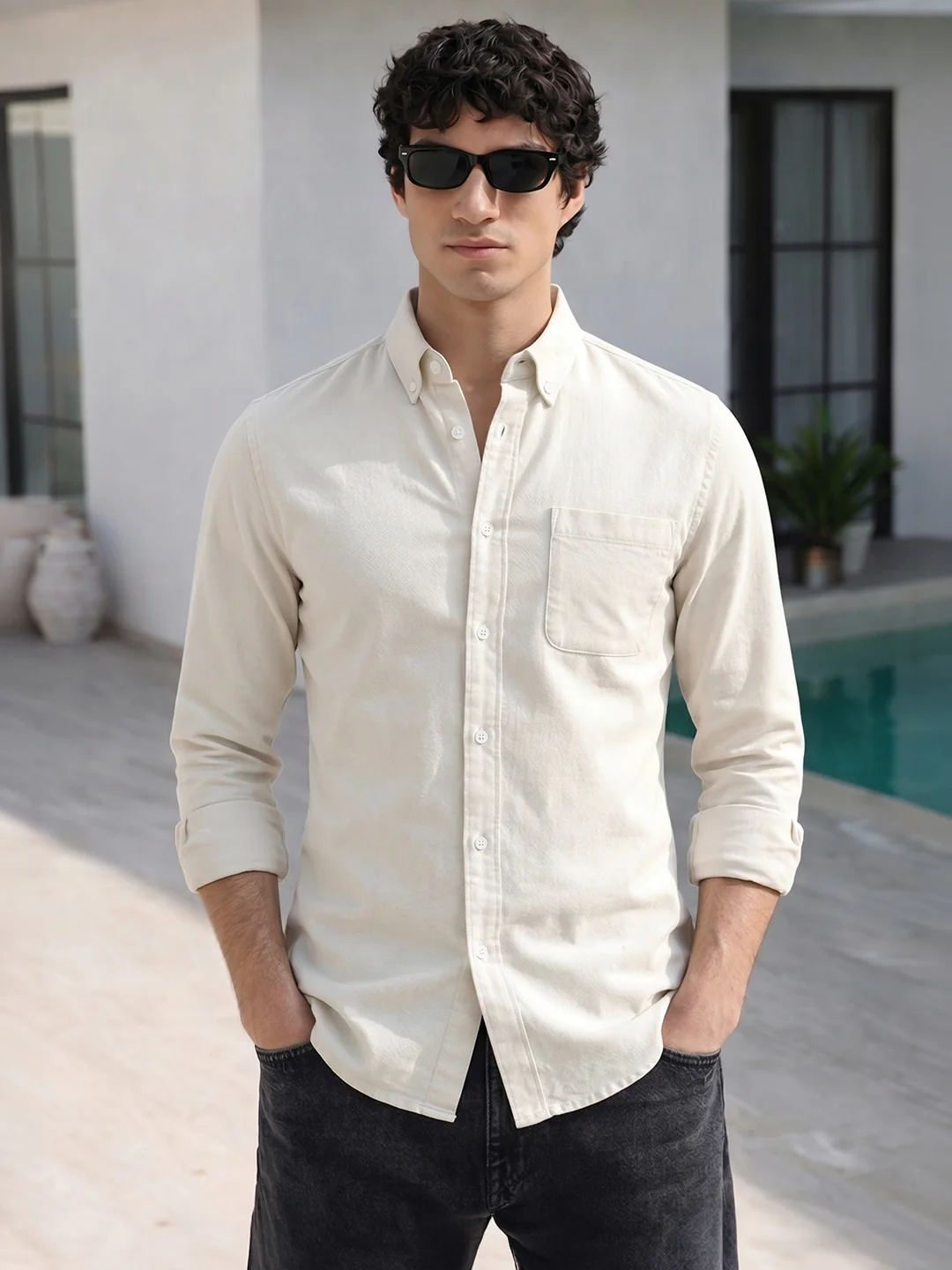 Men's Cream Slim Fit Solid Casual Shirt