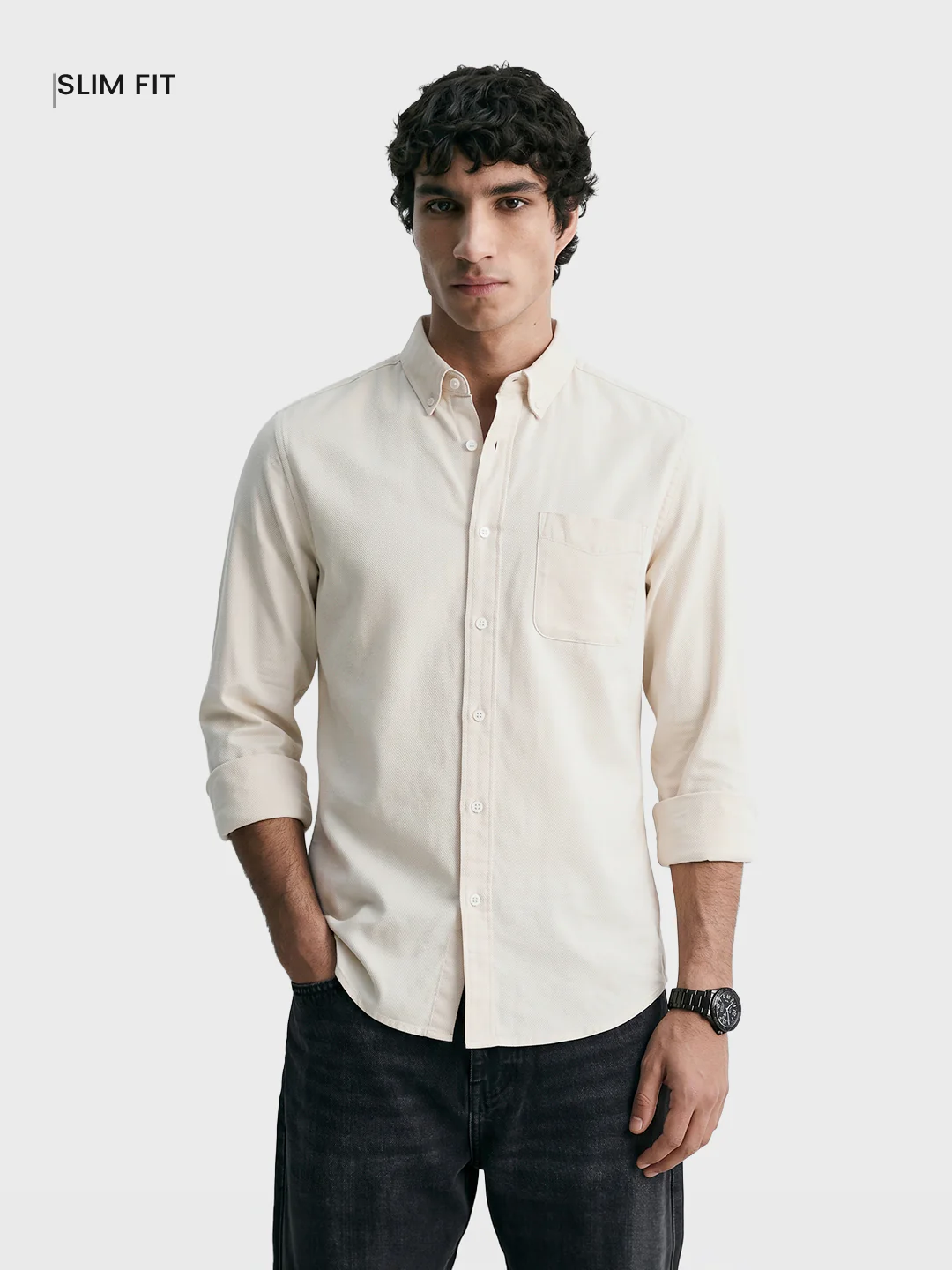 Men's Cream Slim Fit Solid Casual Shirt - Image 2