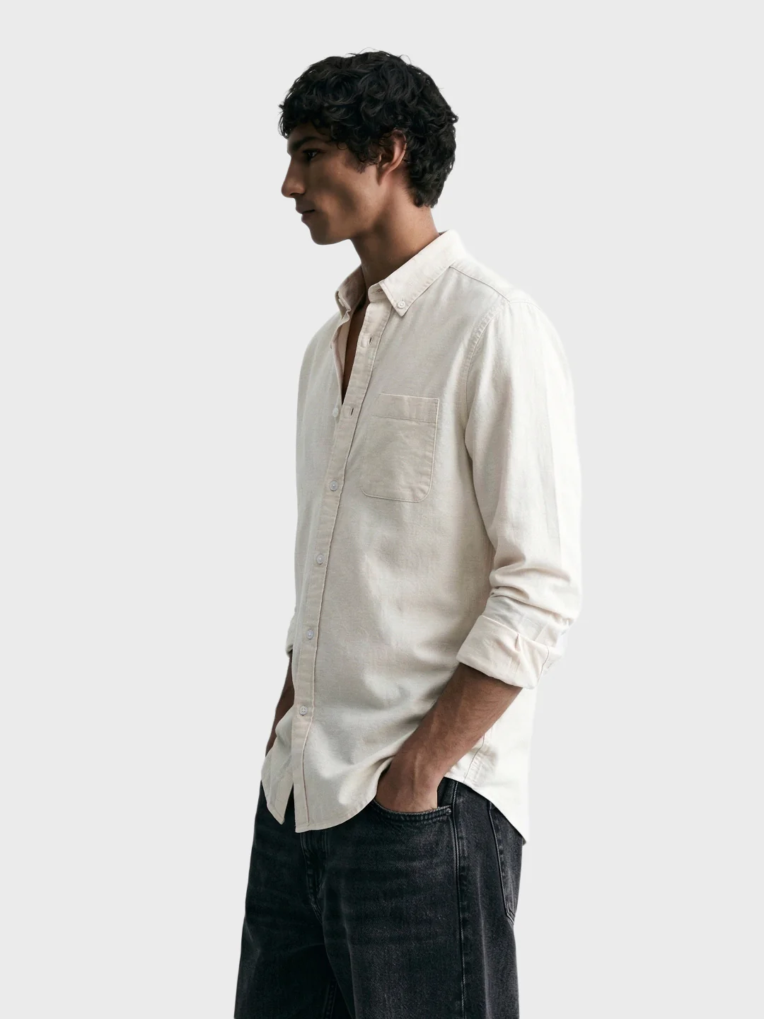 Men's Cream Slim Fit Solid Casual Shirt - Image 4