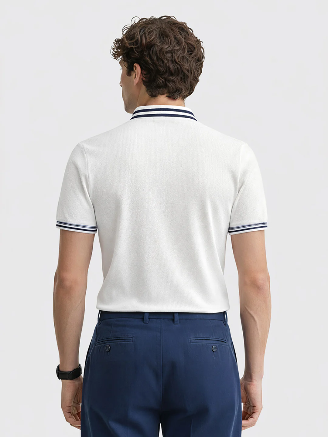 Men's Cream Slim Fit Solid Flat Knit Polo T-Shirt - Image 4