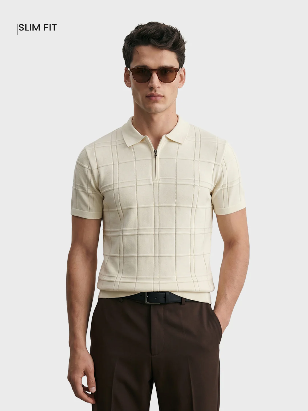 Men's Cream Slim Fit Solid Flat Knit Polos T-Shirt - Image 2