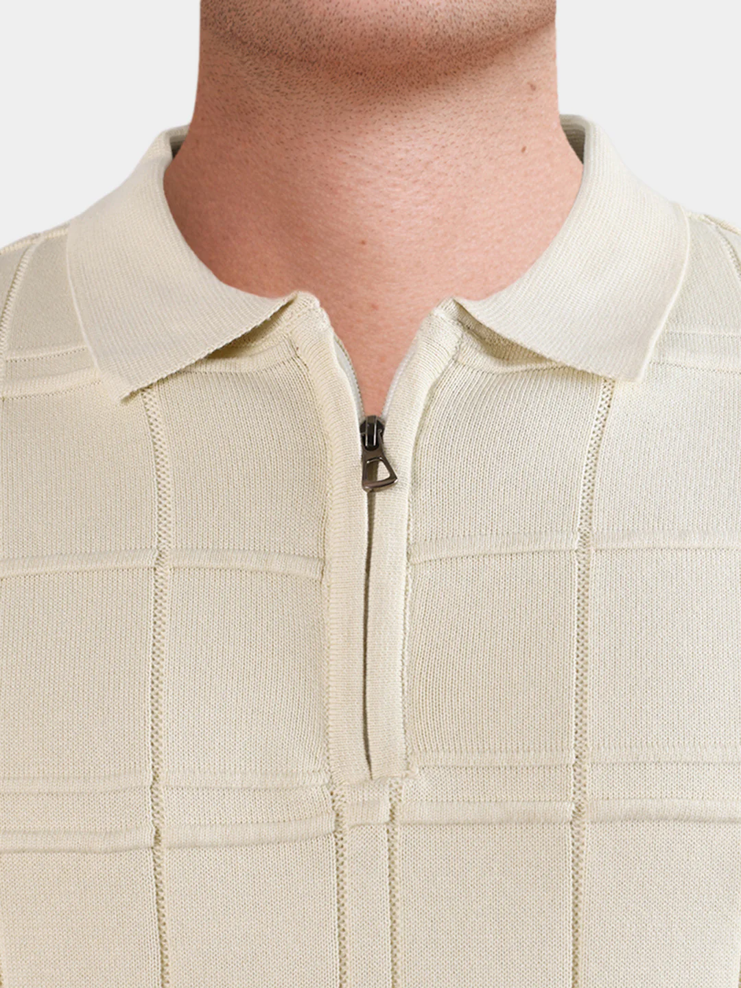 Men's Cream Slim Fit Solid Flat Knit Polos T-Shirt - Image 3