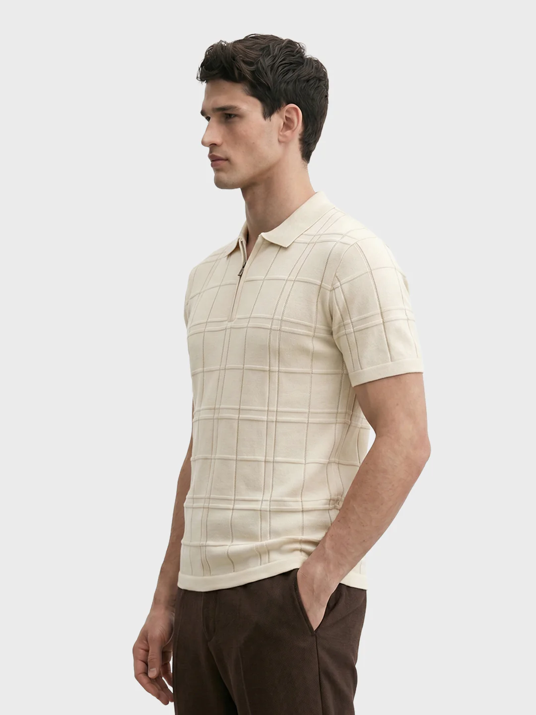 Men's Cream Slim Fit Solid Flat Knit Polos T-Shirt - Image 4