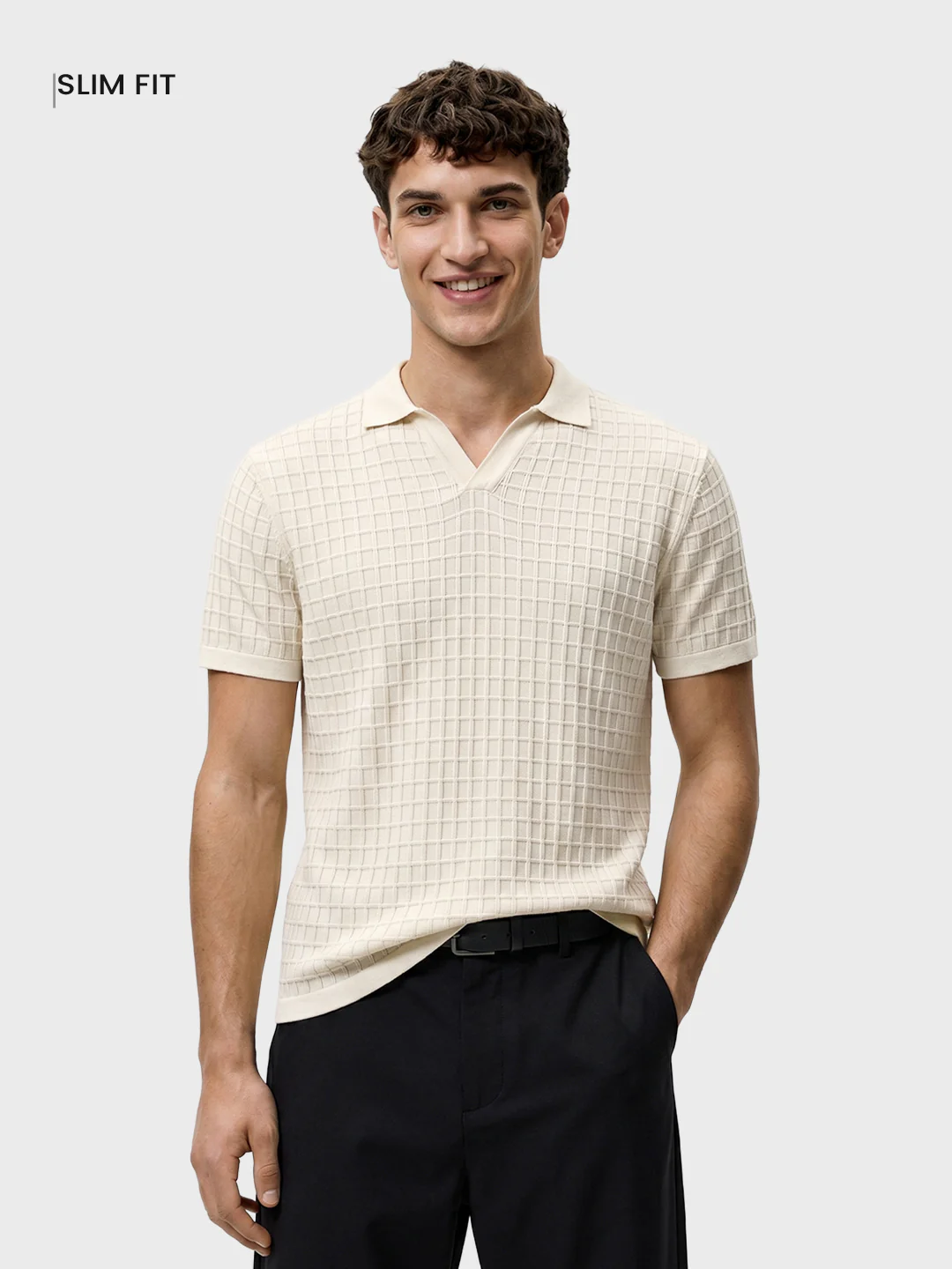Men's Cream Slim Fit Solid Flat Knit Polos T-Shirts - Image 2