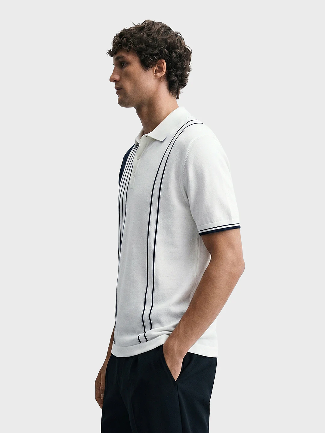 Men's Cream Slim Fit Striped Casual Polo T-Shirt - Image 4