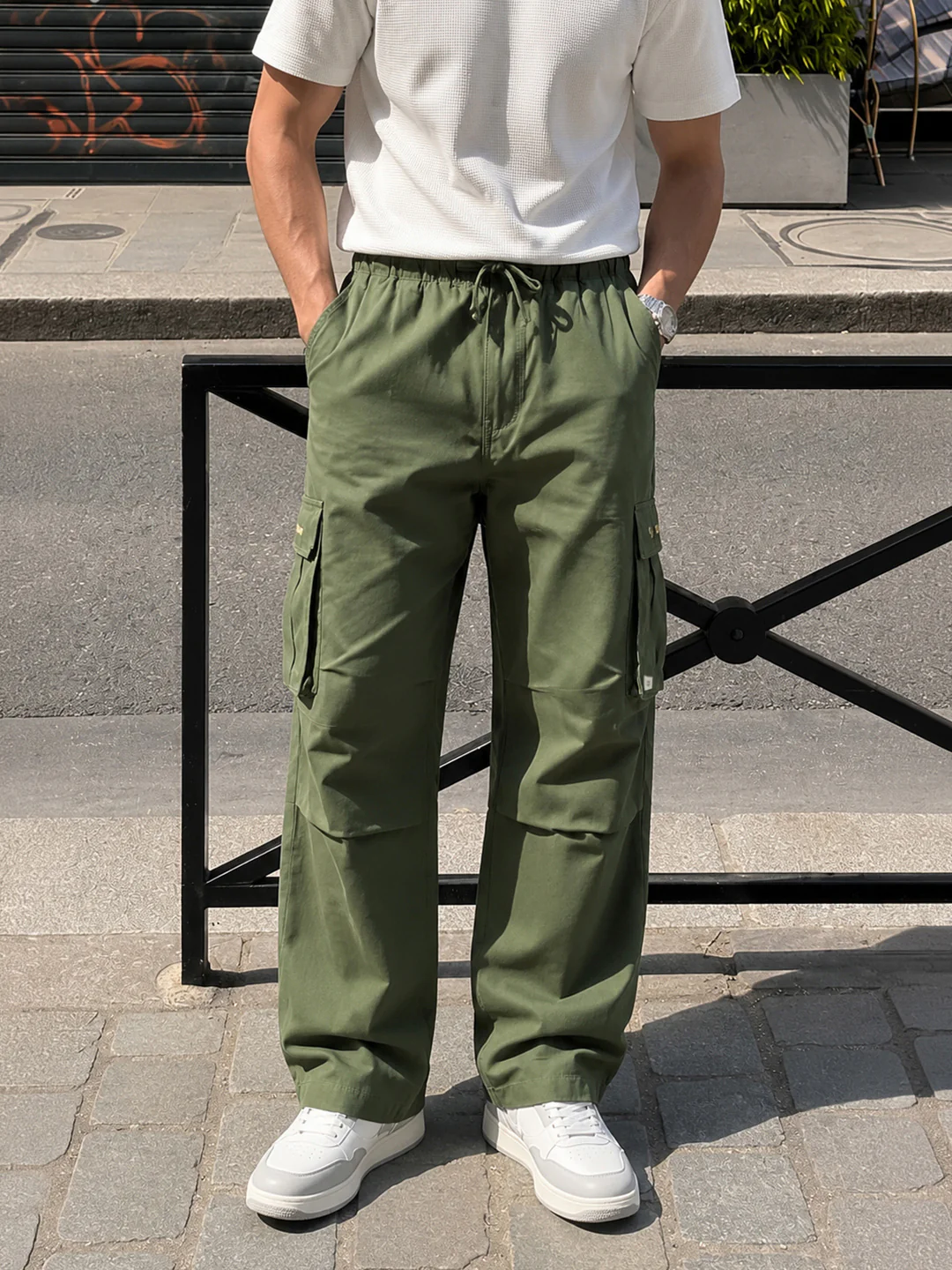 Men's Green Baggy Fit Textured Utility Joggers
