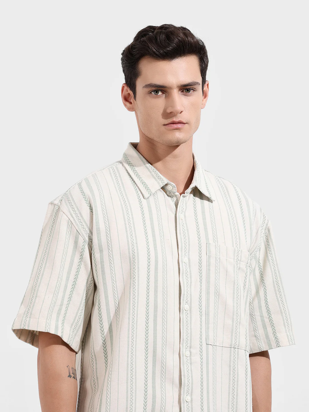 Men's Green Boxy Fit Resort Wear Textured Shirt - Image 6